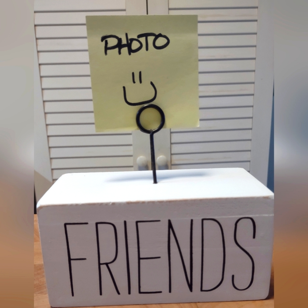 Wooden FRIENDS photo display looks like Rae Dunn